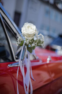 Weiße Rose am Hochzeitsauto.